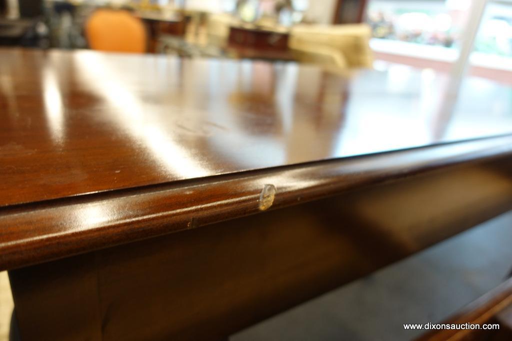 (R1) QUEEN ANNE 2-DRAWER DESK; BRASS BATWING PULLS, CABRIOLE LEGS, DOVETAIL CONSTRUCTION. MEASURES