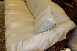 (WIN) VANGUARD 2 CUSHION CAMELBACK STYLE UPHOLSTERED SOFA; LOVELY CREAM COLORED AND GOLD STRIPED