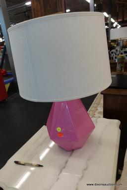 (WIN) DIAMOND SHAPED LAMP; UNIQUE PINK DIAMOND SHAPED CERAMIC TABLE LAMP WITH COMPLIMENTING WHITE