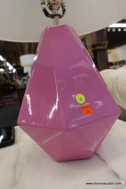(WIN) DIAMOND SHAPED LAMP; UNIQUE PINK DIAMOND SHAPED CERAMIC TABLE LAMP WITH COMPLIMENTING WHITE