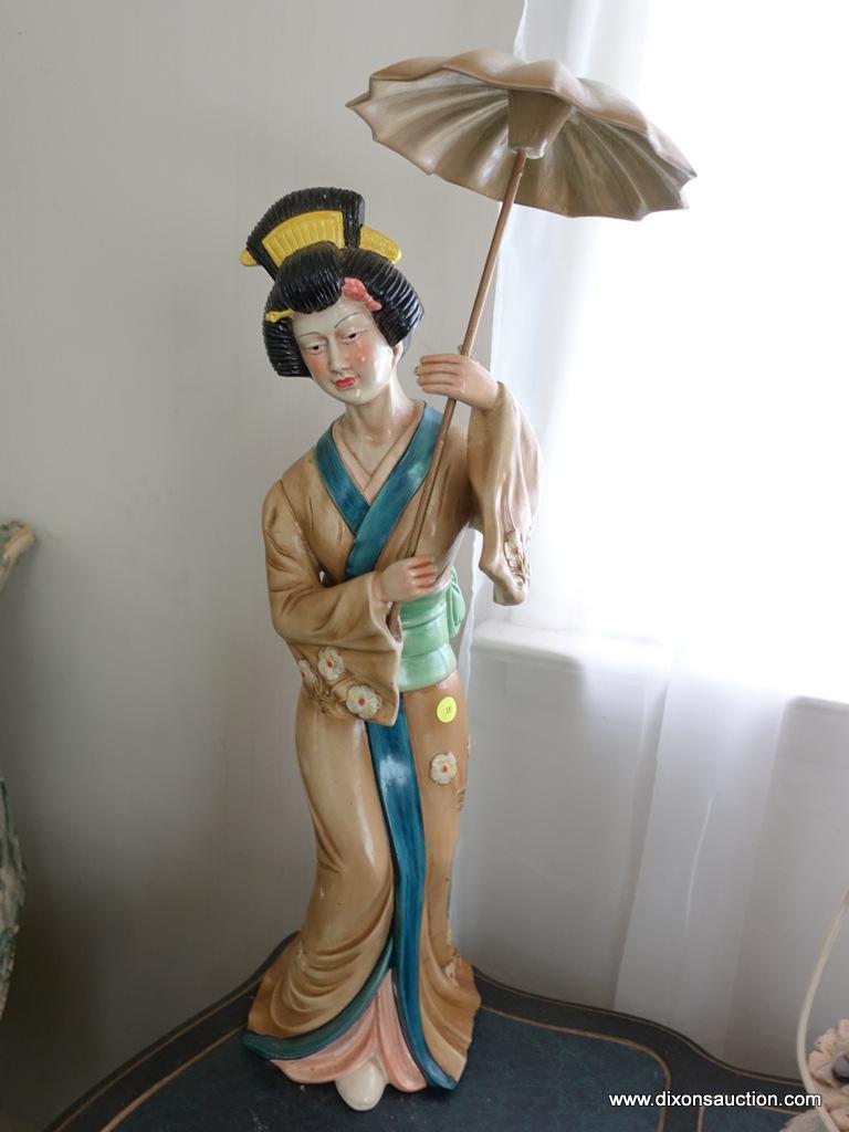 (BED) PORCELAIN GEISHA GIRL STATUE; HOLDING PARASOL, IN MUTED SHADES OF TAN, BLUE, RED, AND YELLOW,