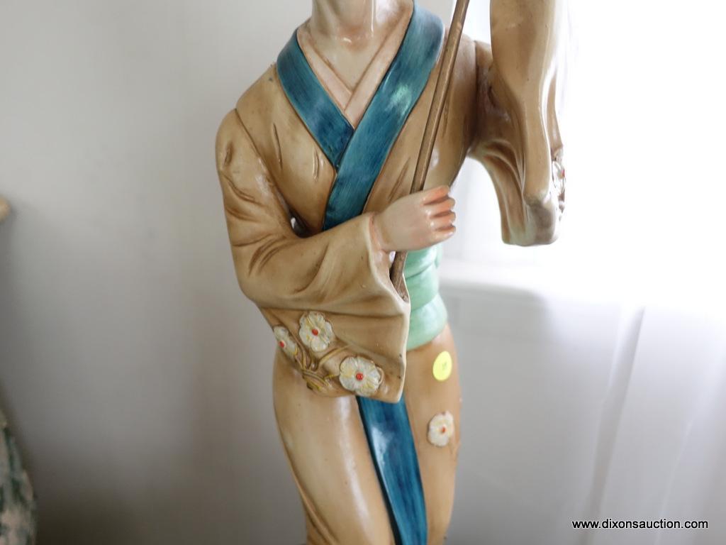 (BED) PORCELAIN GEISHA GIRL STATUE; HOLDING PARASOL, IN MUTED SHADES OF TAN, BLUE, RED, AND YELLOW,