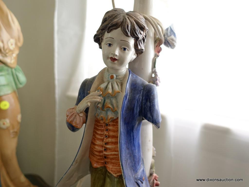 (BED) PORCELAIN VICTORIAN STATUE LAMP; WELL-DRESSED GENTLEMAN ON A ROUND BASE. MUTED SHADES OF BLUE,