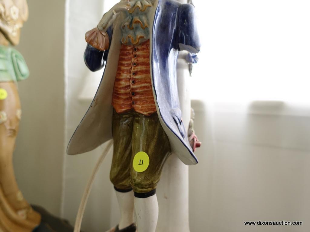 (BED) PORCELAIN VICTORIAN STATUE LAMP; WELL-DRESSED GENTLEMAN ON A ROUND BASE. MUTED SHADES OF BLUE,