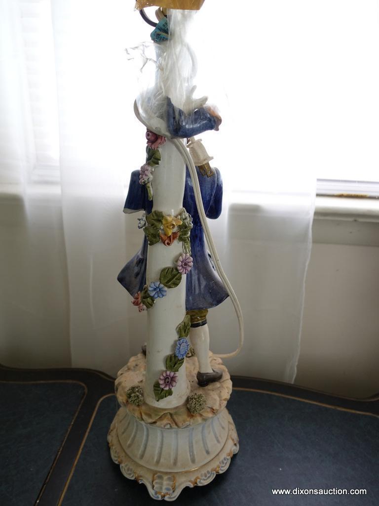 (BED) PORCELAIN VICTORIAN STATUE LAMP; WELL-DRESSED GENTLEMAN ON A ROUND BASE. MUTED SHADES OF BLUE,