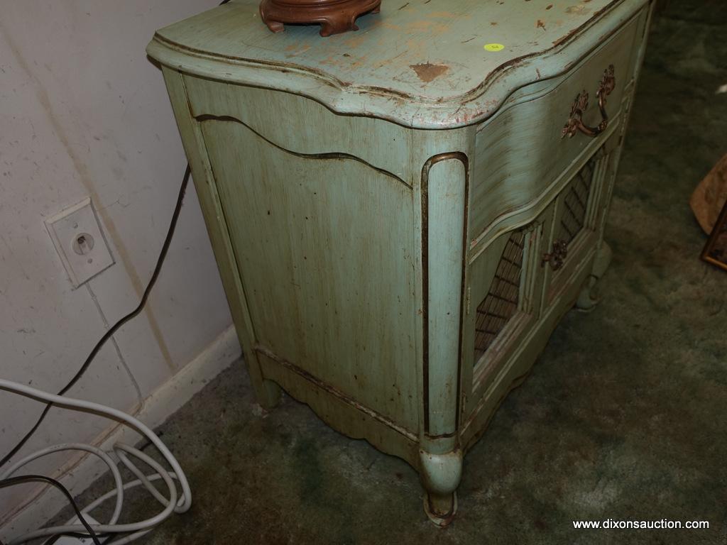 (BED) LIGHT GREEN FRENCH PROVINCIAL NIGHTSTAND BY BASSETT FURNITURE; SINGLE DRAWER OVER A 2 DOOR