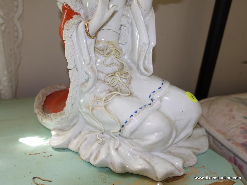 (BED) PORCELAIN GEISHA GIRL STATUE; VERY FORMALLY DRESSED WOMAN IN A KNEELING POSE. REDS AND PASTELS