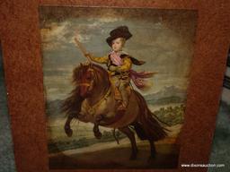 (BED) VINTAGE FRENCH VICTORIAN MILITIA WALL DECOR; APPLIQUED PORTRAIT OF MILITARY ON HORSEBACK,