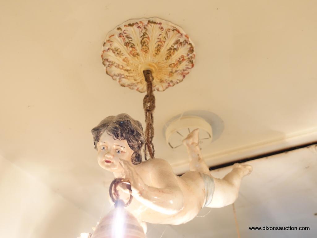 ANTIQUE FRENCH HANGING CHERUB TWO LIGHT CHANDELIER.