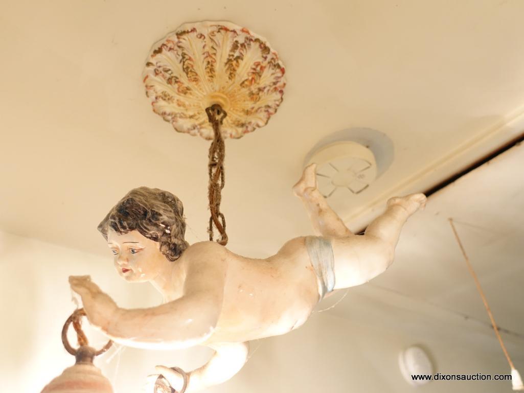 ANTIQUE FRENCH HANGING CHERUB TWO LIGHT CHANDELIER.