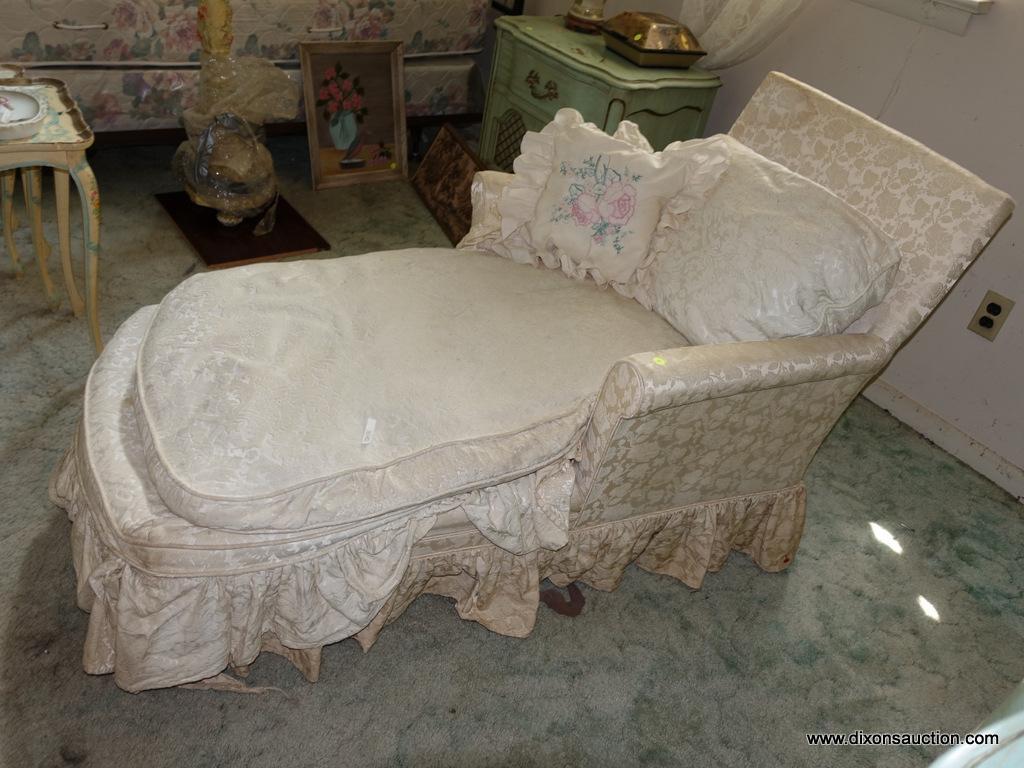 (BED) VICTORIAN STYLE CHAISE LOUNGE; ARMCHAIR WITH EXTENDED FOOTREST, COVERED IN A LIGHT YELLOW