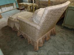 (BED) VICTORIAN STYLE CHAISE LOUNGE; ARMCHAIR WITH EXTENDED FOOTREST, COVERED IN A LIGHT YELLOW