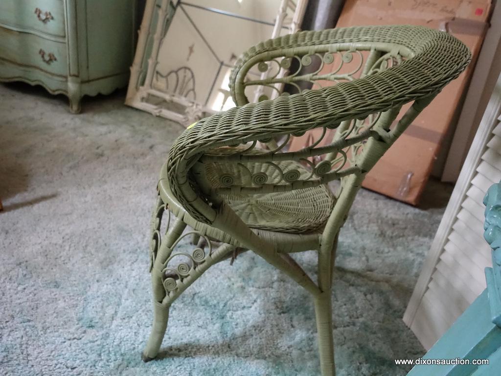 (BED) GREEN WICKER ARMCHAIR; BEAUTIFUL RICH AVOCADO COLOR, OPEN PATTERNED BACK WITH SCROLLING