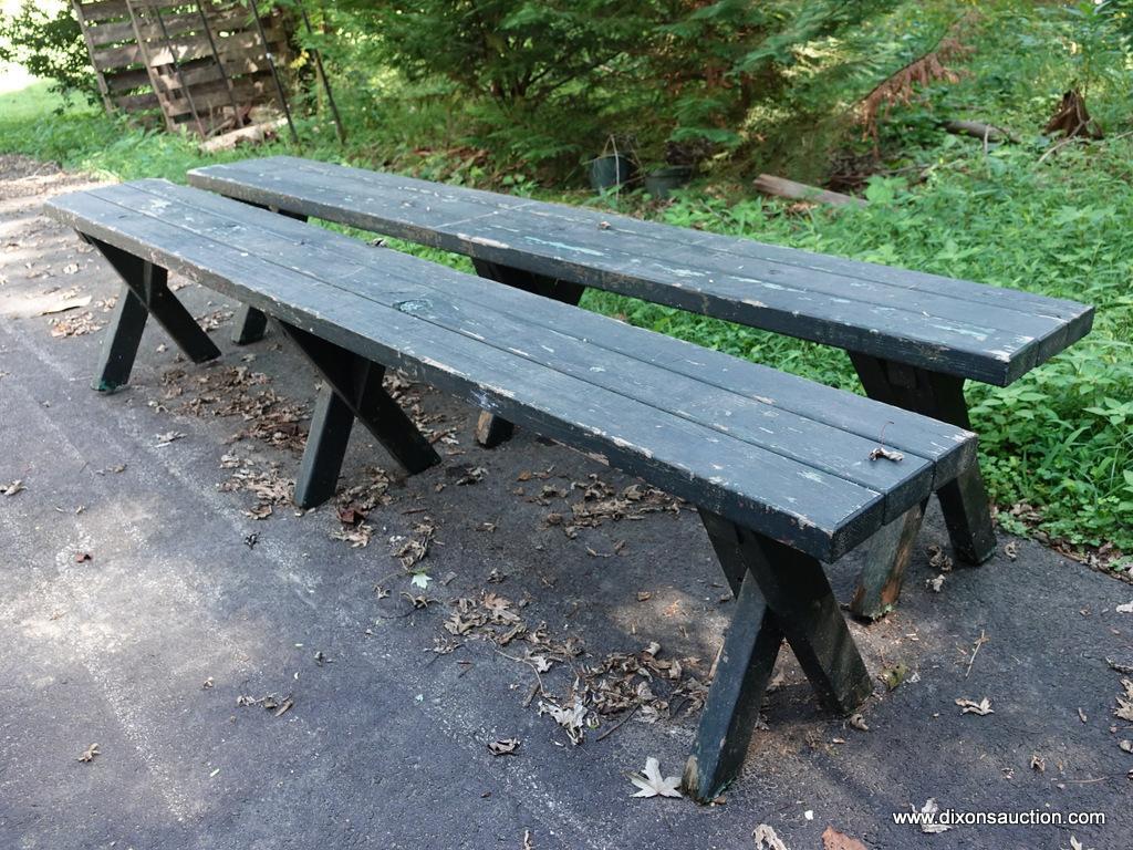 (OUT) PAIR OF WOODEN GREEN PAINTED BENCHES.