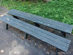 (OUT) PAIR OF WOODEN GREEN PAINTED BENCHES.