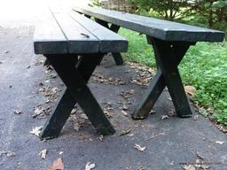 (OUT) PAIR OF WOODEN GREEN PAINTED BENCHES.