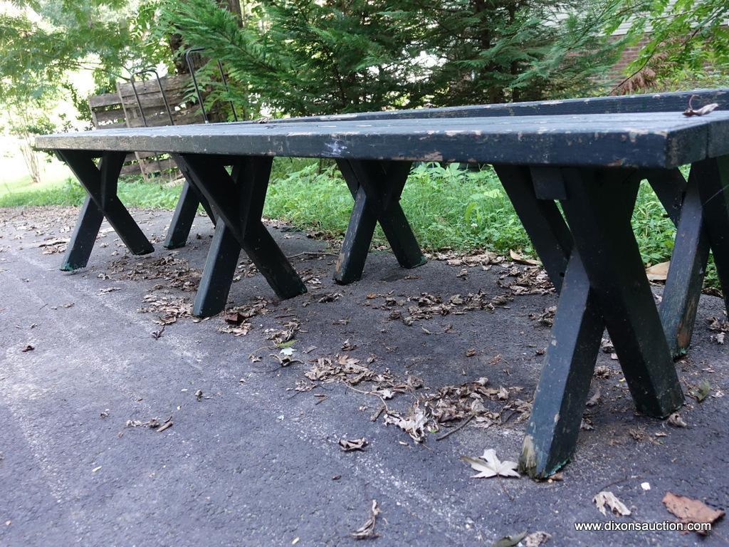 (OUT) PAIR OF WOODEN GREEN PAINTED BENCHES.