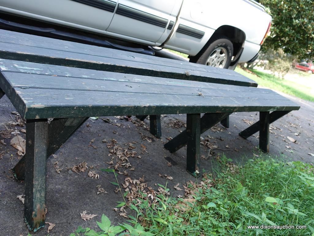 (OUT) PAIR OF WOODEN GREEN PAINTED BENCHES.