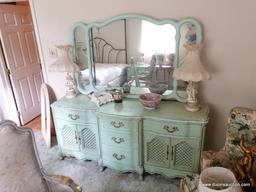 (BED) LIGHT GREEN FRENCH PROVINCIAL DRESSER WITH MIRROR BY BASSETT FURNITURE; 3 PANES OF GLASS ADORN