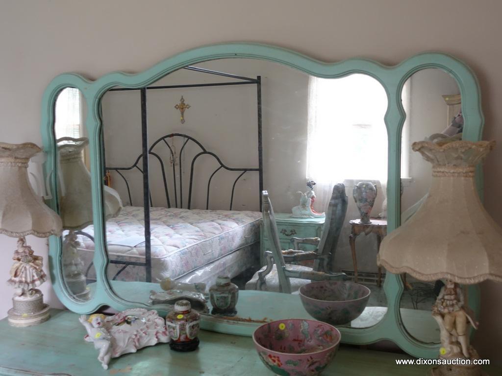 (BED) LIGHT GREEN FRENCH PROVINCIAL DRESSER WITH MIRROR BY BASSETT FURNITURE; 3 PANES OF GLASS ADORN