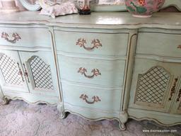 (BED) LIGHT GREEN FRENCH PROVINCIAL DRESSER WITH MIRROR BY BASSETT FURNITURE; 3 PANES OF GLASS ADORN