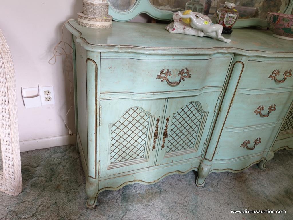 (BED) LIGHT GREEN FRENCH PROVINCIAL DRESSER WITH MIRROR BY BASSETT FURNITURE; 3 PANES OF GLASS ADORN