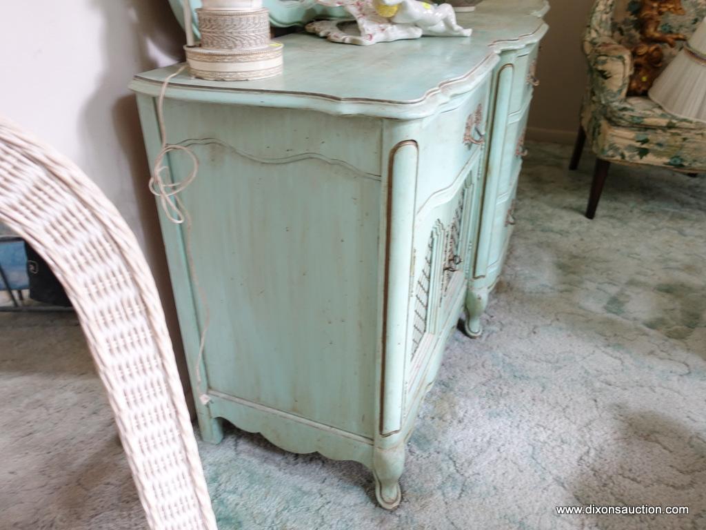 (BED) LIGHT GREEN FRENCH PROVINCIAL DRESSER WITH MIRROR BY BASSETT FURNITURE; 3 PANES OF GLASS ADORN