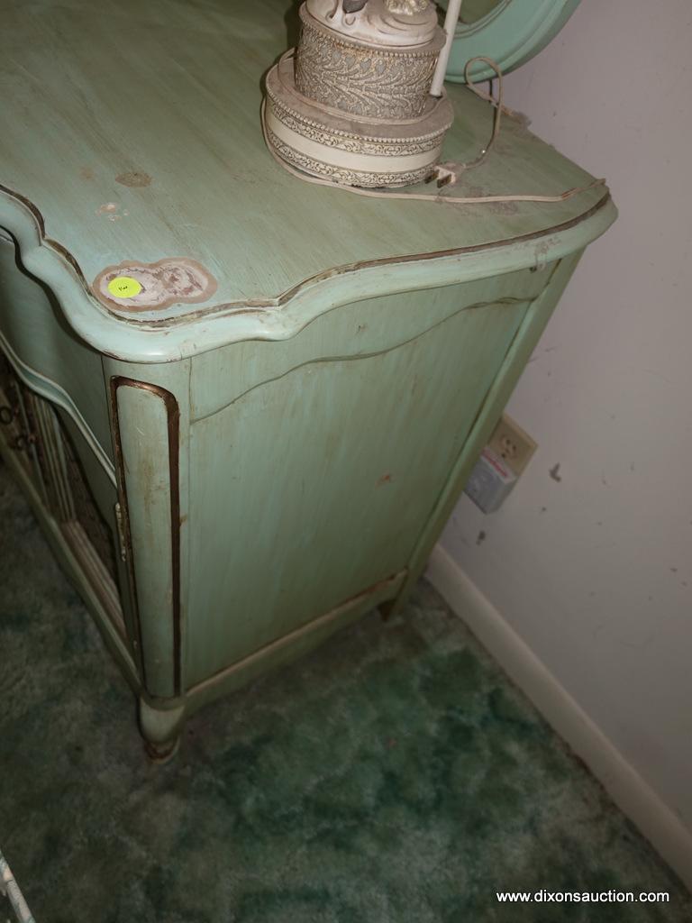 (BED) LIGHT GREEN FRENCH PROVINCIAL DRESSER WITH MIRROR BY BASSETT FURNITURE; 3 PANES OF GLASS ADORN