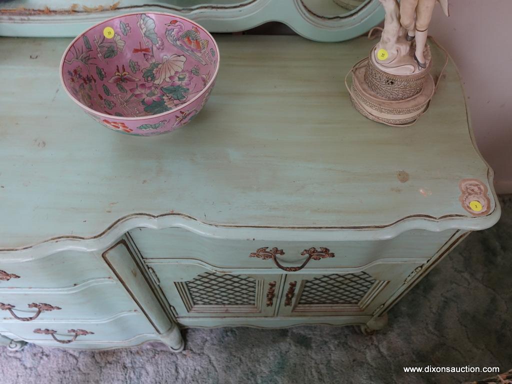 (BED) LIGHT GREEN FRENCH PROVINCIAL DRESSER WITH MIRROR BY BASSETT FURNITURE; 3 PANES OF GLASS ADORN