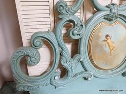 (BED) PASTEL TEAL ORNATELY CARVED HEADBOARD; CHERUB PORTRAIT IN CENTER FRAMED OVAL. BEAUTIFUL AND