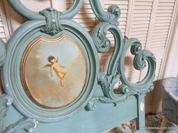 (BED) PASTEL TEAL ORNATELY CARVED HEADBOARD; CHERUB PORTRAIT IN CENTER FRAMED OVAL. BEAUTIFUL AND