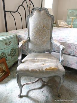 (BED) FRENCH PROVINCIAL ARMCHAIR; ONE OF A PAIR (OTHER IS LISTED IN LOT #8). FACTORY PAINTED WOOD