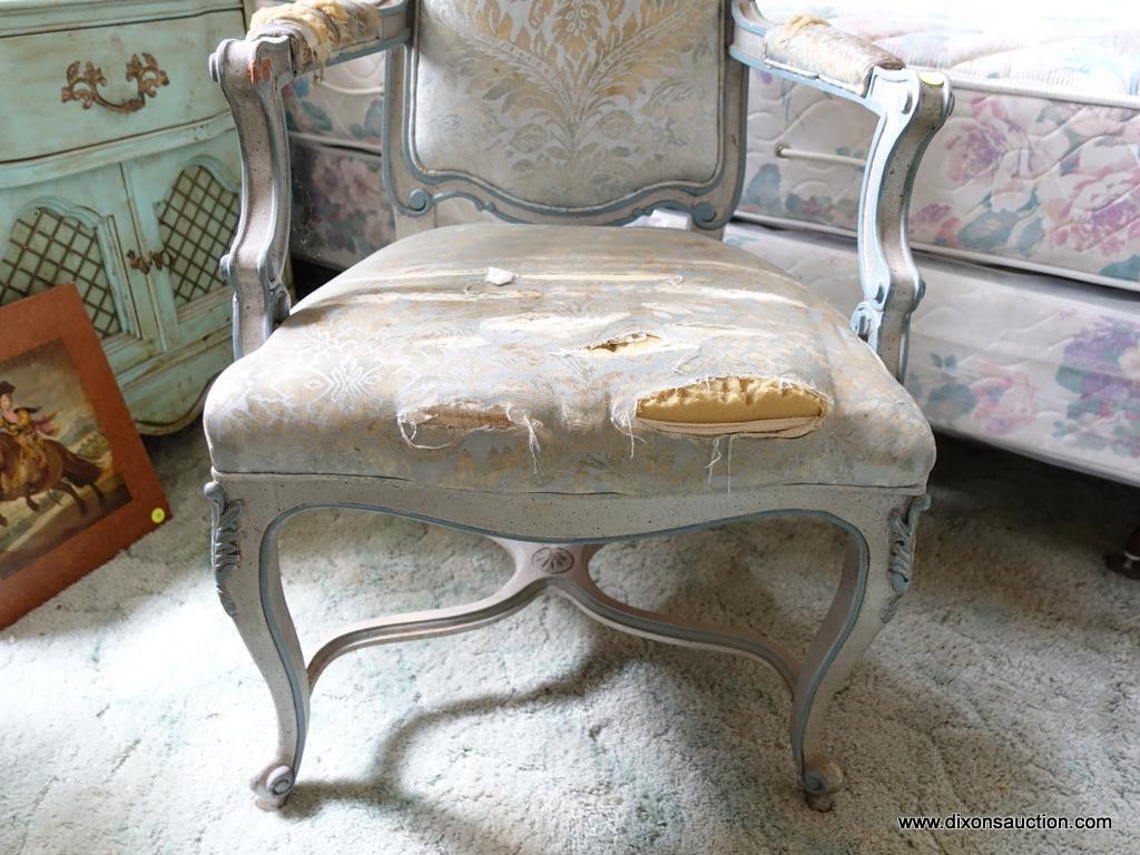 (BED) FRENCH PROVINCIAL ARMCHAIR; ONE OF A PAIR (OTHER IS LISTED IN LOT #8). FACTORY PAINTED WOOD