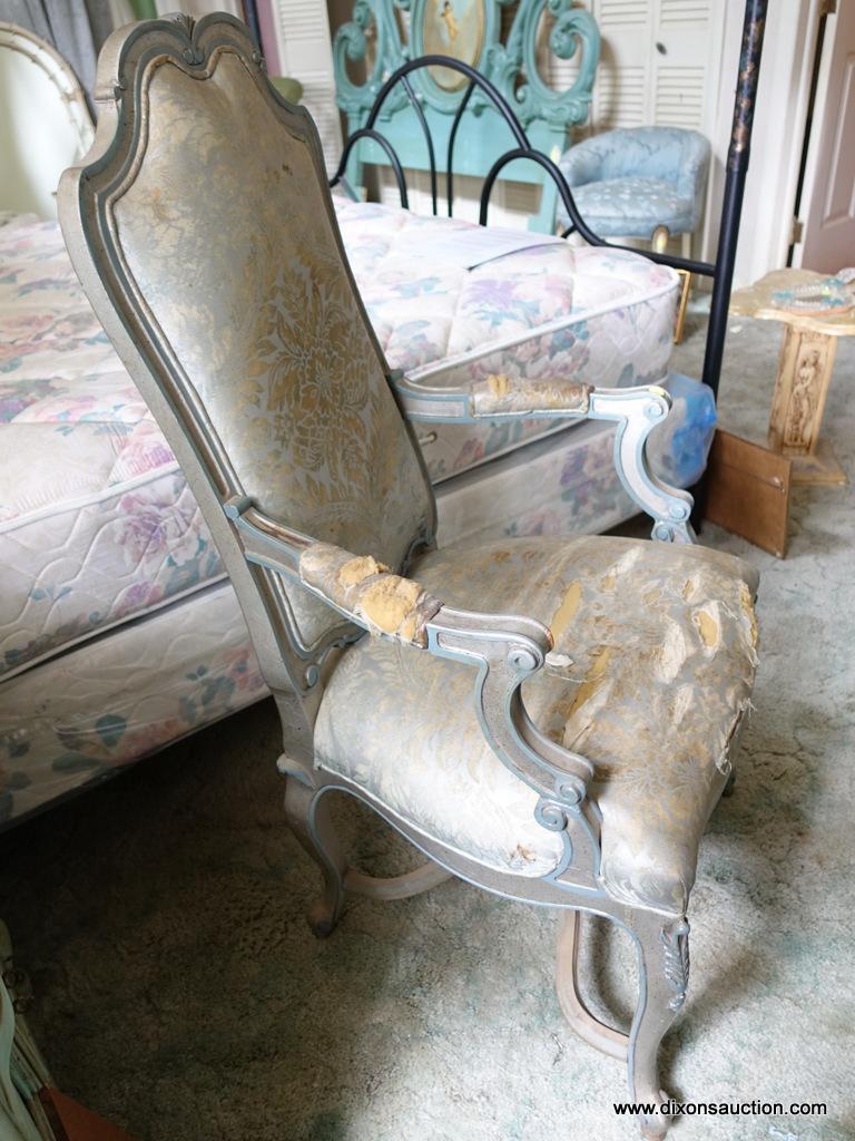 (BED) FRENCH PROVINCIAL ARMCHAIR; ONE OF A PAIR (OTHER IS LISTED IN LOT #8). FACTORY PAINTED WOOD