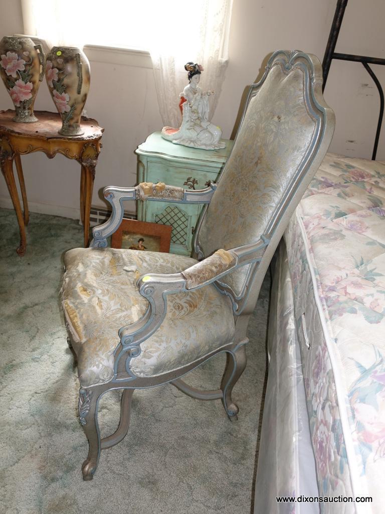 (BED) FRENCH PROVINCIAL ARMCHAIR; ONE OF A PAIR (OTHER IS LISTED IN LOT #8). FACTORY PAINTED WOOD