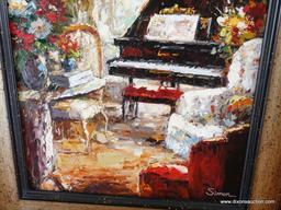 (MUSIC RM CLOSET) FRAMED AND MATTED OIL ON CANVAS-"BABY GRAND PIANO" BY SIMON-SIGNED- BLACK AND