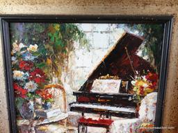 (MUSIC RM CLOSET) FRAMED AND MATTED OIL ON CANVAS-"BABY GRAND PIANO" BY SIMON-SIGNED- BLACK AND