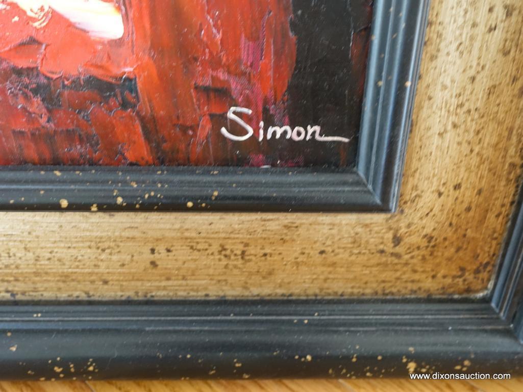 (MUSIC RM CLOSET) FRAMED AND MATTED OIL ON CANVAS-"BABY GRAND PIANO" BY SIMON-SIGNED- BLACK AND