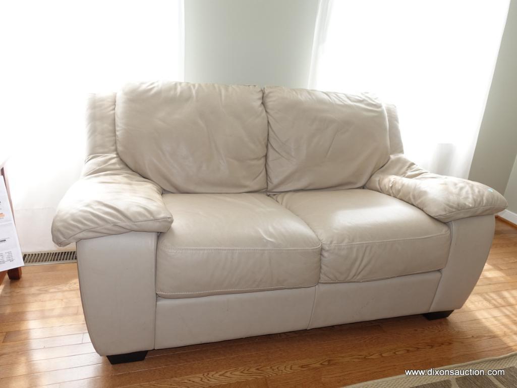 (LR) ITALSOFA LEATHER LOVE SEAT IN BEIGE (MATCHES 20)-EXCELLENT CONDITION- 65"W X 36"L X 34"H (