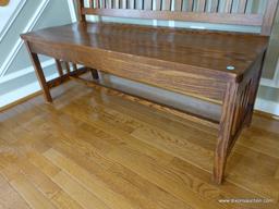 (FOYER) AMISH ORIGINALS CUSTOM MISSION OAK BENCH. EXCELLENT CONDITION. 48"W X 17.5"L X 44"H.