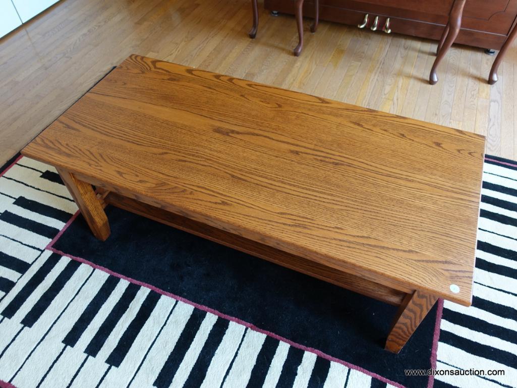 (MUSIC RM) AMISH OAK FURN. CO. PRAIRIE MISSION COFFEE TABLE. ONE DRAWER DOVETAILED WITH OAK