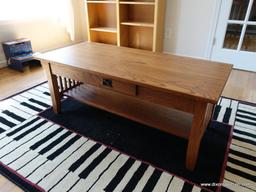 (MUSIC RM) AMISH OAK FURN. CO. PRAIRIE MISSION COFFEE TABLE. ONE DRAWER DOVETAILED WITH OAK