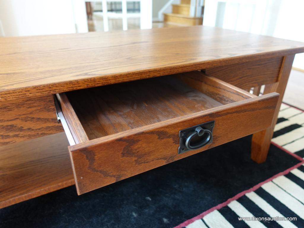 (MUSIC RM) AMISH OAK FURN. CO. PRAIRIE MISSION COFFEE TABLE. ONE DRAWER DOVETAILED WITH OAK