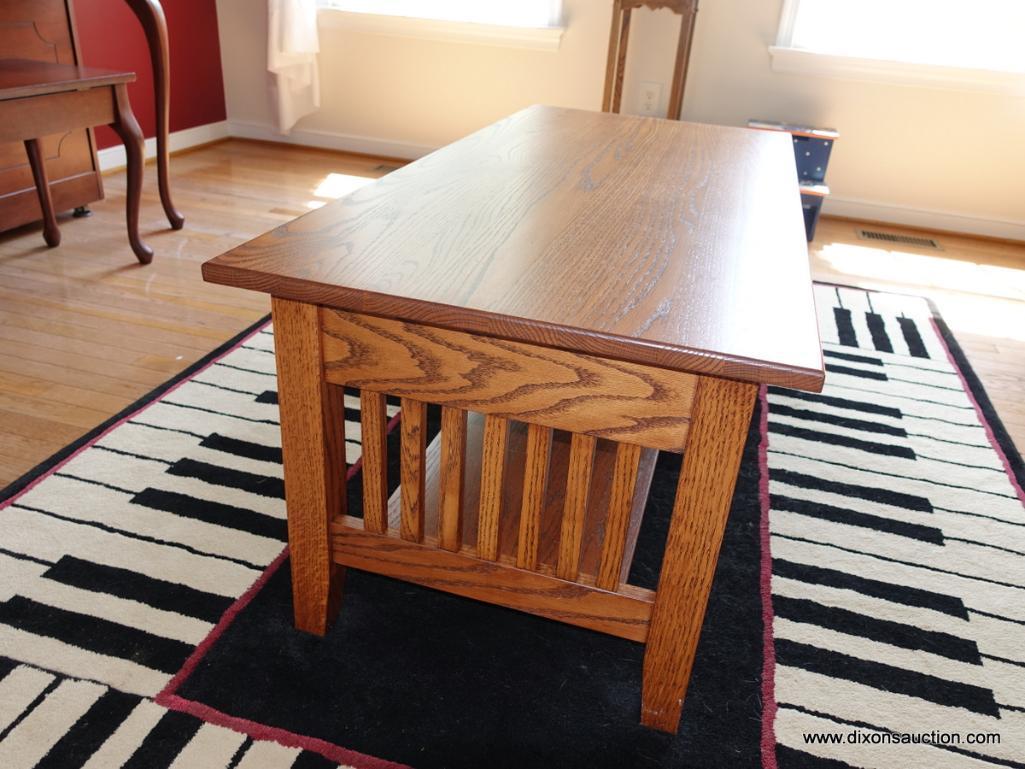 (MUSIC RM) AMISH OAK FURN. CO. PRAIRIE MISSION COFFEE TABLE. ONE DRAWER DOVETAILED WITH OAK
