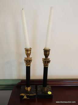 (DR) PR OF BRASS AND METAL COLUMNED CANDLE HOLDERS ON MARBLE BASES-10"H