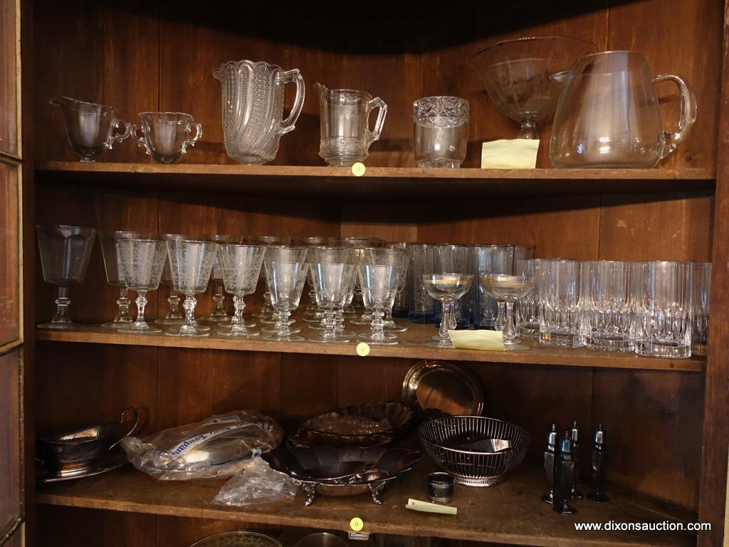 (DR- CORNER CAB) SHELF LOT OF MISC.. STEMWARE- 8 CRYSTAL WATER GLASSES, 8 BLUE TEA GLASSES, 8 STEM