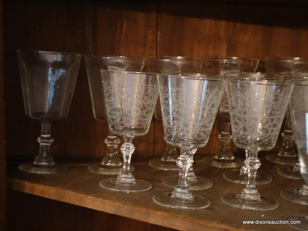 (DR- CORNER CAB) SHELF LOT OF MISC.. STEMWARE- 8 CRYSTAL WATER GLASSES, 8 BLUE TEA GLASSES, 8 STEM