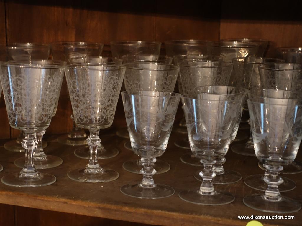 (DR- CORNER CAB) SHELF LOT OF MISC.. STEMWARE- 8 CRYSTAL WATER GLASSES, 8 BLUE TEA GLASSES, 8 STEM