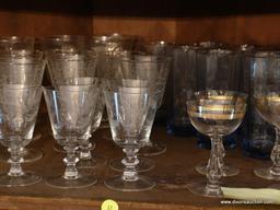 (DR- CORNER CAB) SHELF LOT OF MISC.. STEMWARE- 8 CRYSTAL WATER GLASSES, 8 BLUE TEA GLASSES, 8 STEM