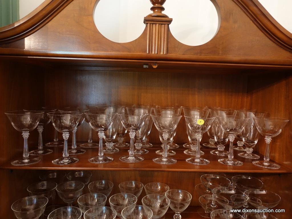 (DR-CHINA CAB) SHELF LOT OF 24 PCS. ETCHED GLASS CRYSTAL-12 TEA/WATER GLASSES AND 12 RED WINE